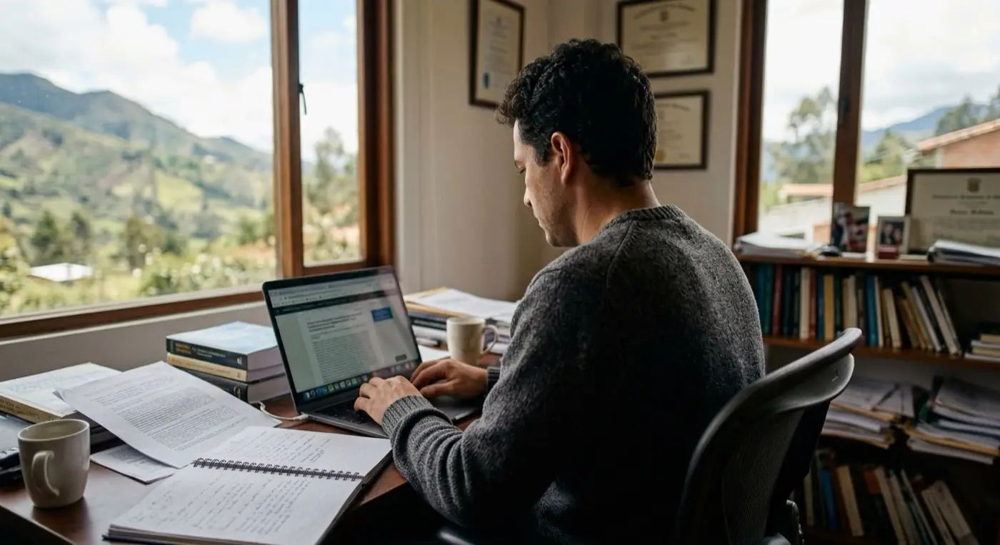 Asesor académico trabajando en un documento frente a su computador